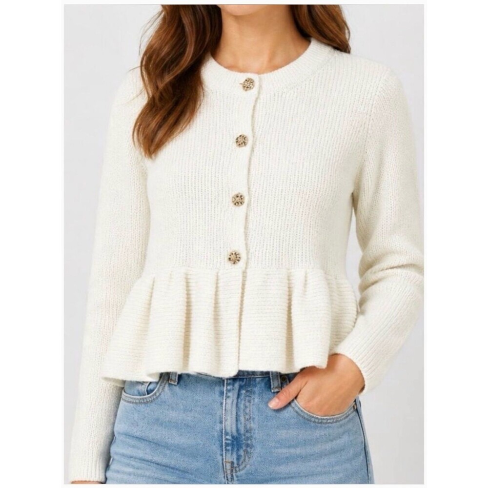 En Saison White Peplum Wool Blend knit coquette cardigan sweater womens small